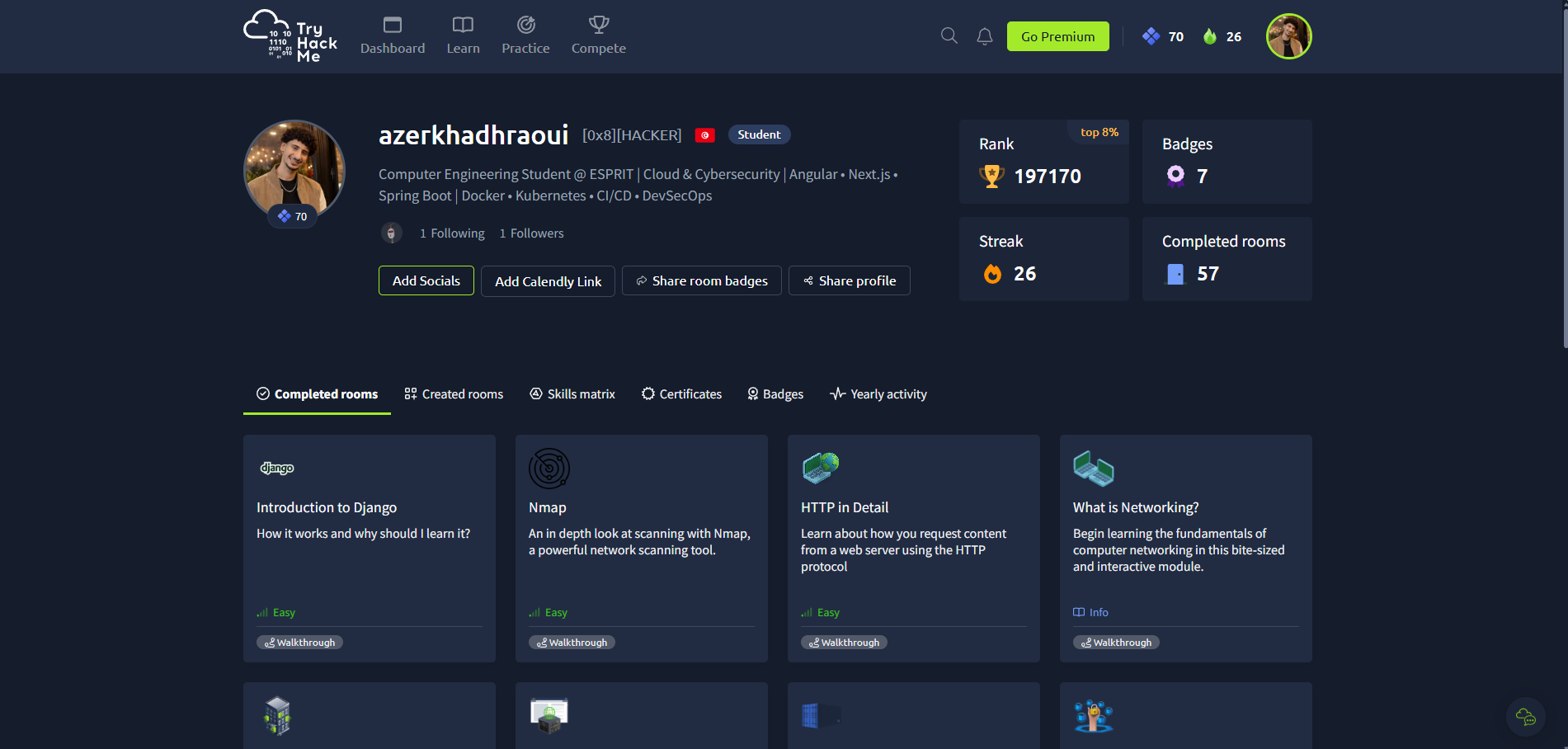Profil TryHackMe classé dans le top 8 % mondial